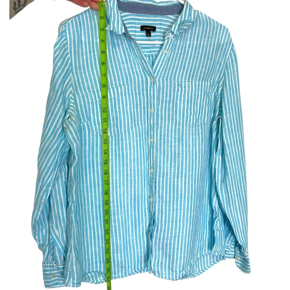 Talbots Large Blue Striped Linen Button Up Shirt Long Sleeve Coastal Preppy - Picture 4 of 8